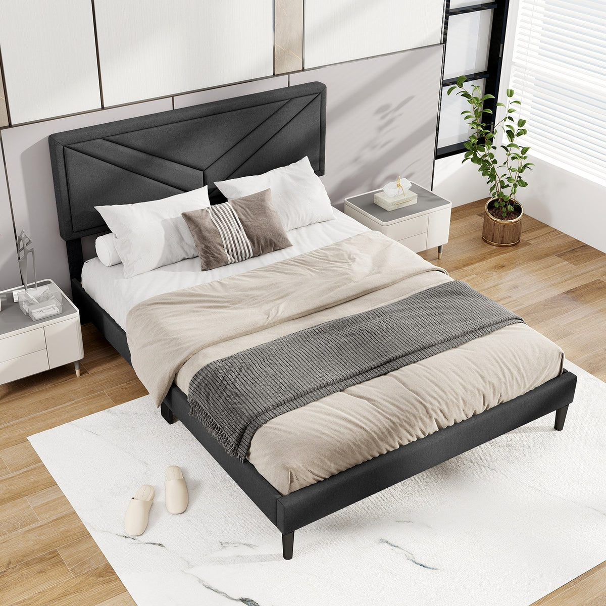 Upholstered Platform Bed with Tufted Headboard and Wooden Slats-Queen Size view 2