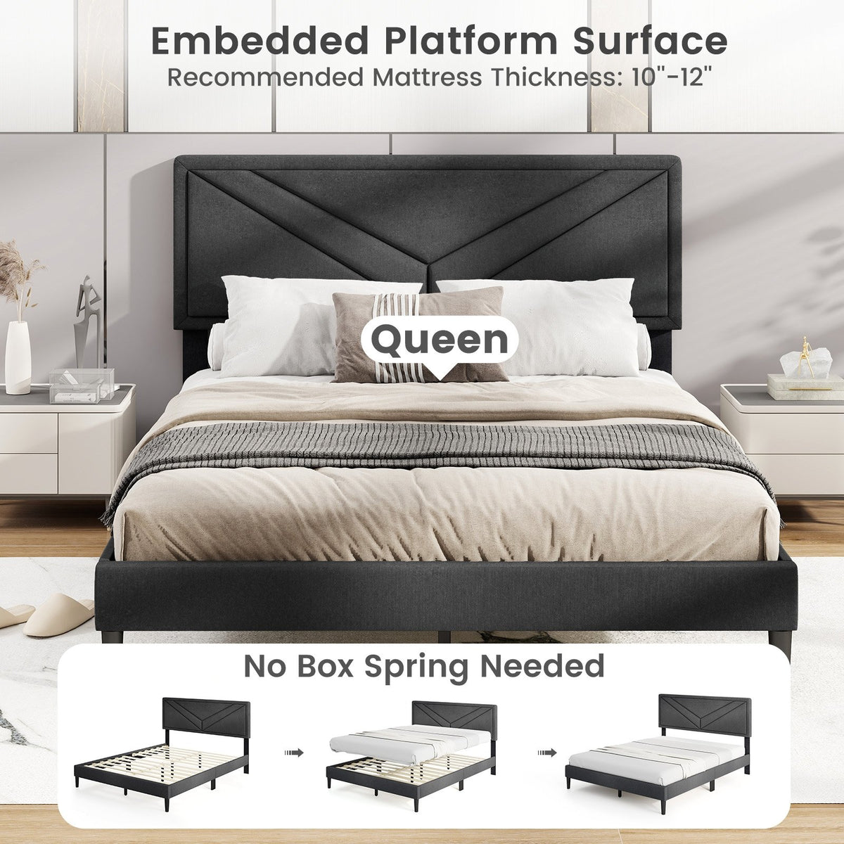 Upholstered Platform Bed with Tufted Headboard and Wooden Slats-Queen Size view 8