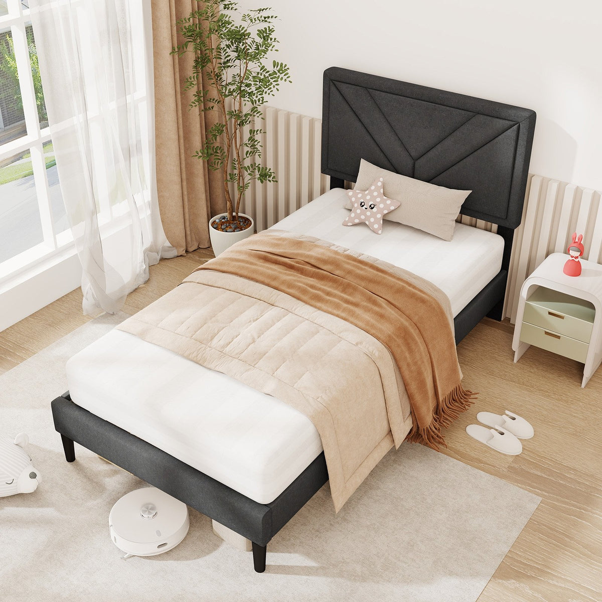 Upholstered Platform Bed with Tufted Headboard and Wooden Slats-Twin Size view 3