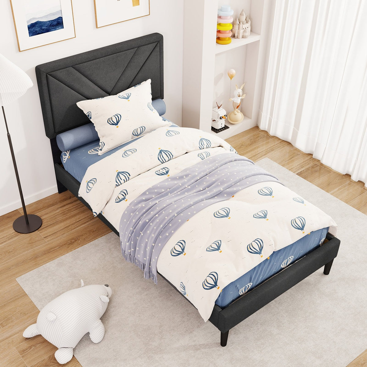 Upholstered Platform Bed with Tufted Headboard and Wooden Slats-Twin Size view 5