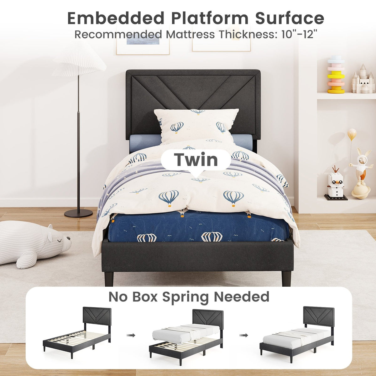 Upholstered Platform Bed with Tufted Headboard and Wooden Slats-Twin Size view 8