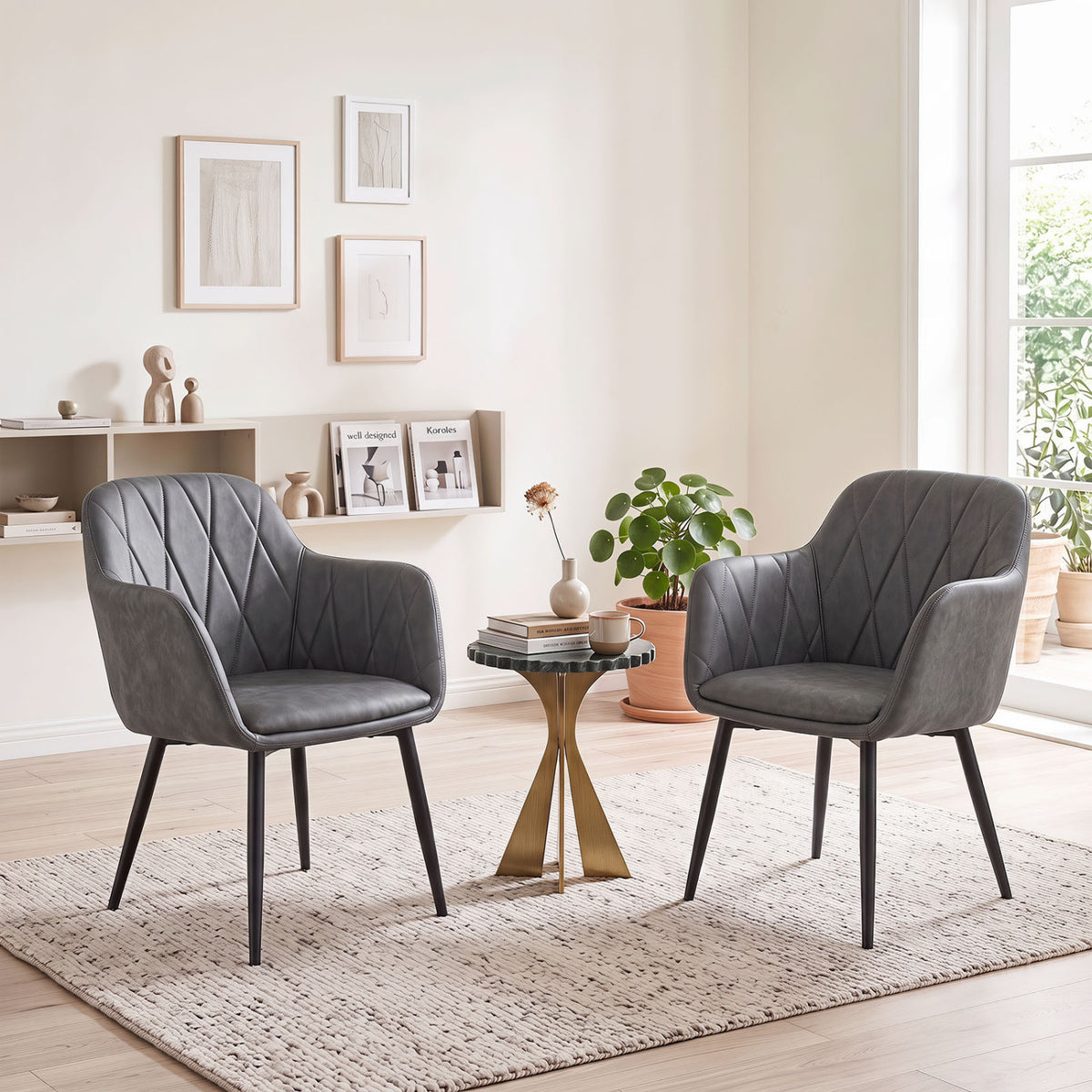 Upholstered PU Leather Kitchen Chairs Set of 2 with Curved Back and Wide Seat-Gray view 2