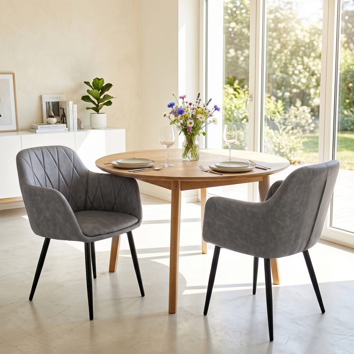 Upholstered PU Leather Kitchen Chairs Set of 2 with Curved Back and Wide Seat-Gray view 3