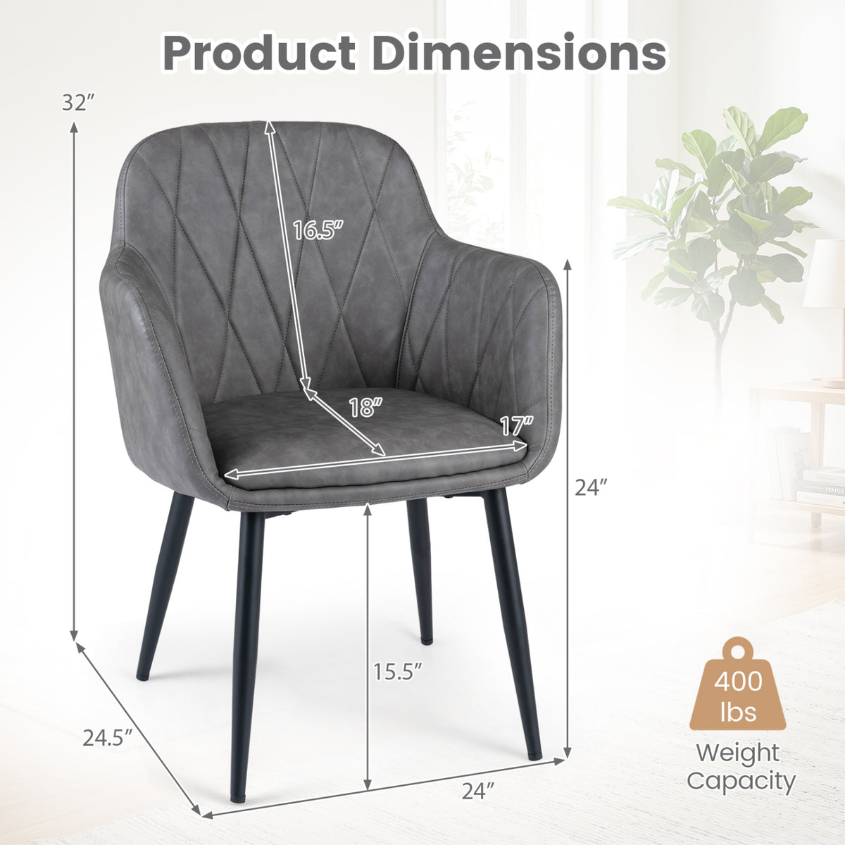 Upholstered PU Leather Kitchen Chairs Set of 2 with Curved Back and Wide Seat-Gray view 4