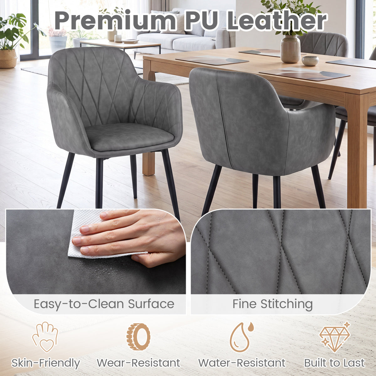 Upholstered PU Leather Kitchen Chairs Set of 2 with Curved Back and Wide Seat-Gray view 5