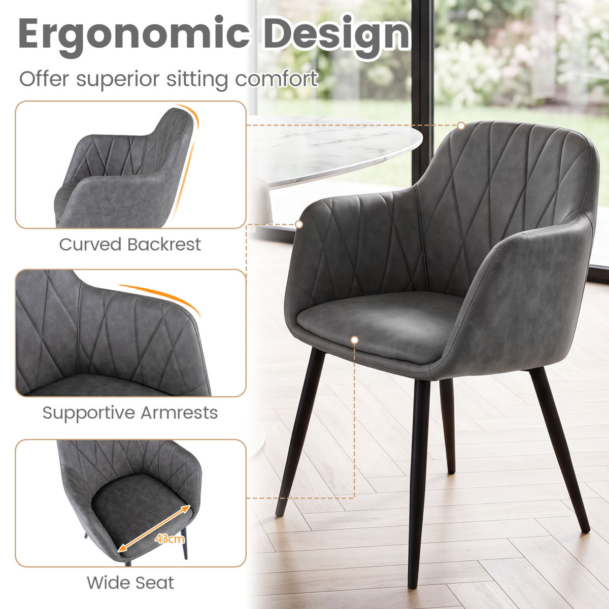 Upholstered PU Leather Kitchen Chairs Set of 2 with Curved Back and Wide Seat-Gray view 9