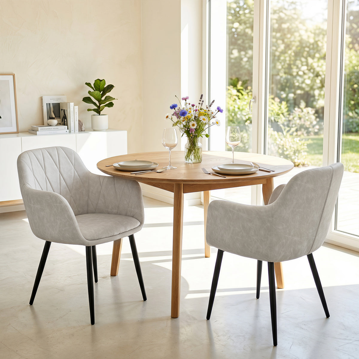 Upholstered PU Leather Kitchen Chairs Set of 2 with Curved Back and Wide Seat-White view 2