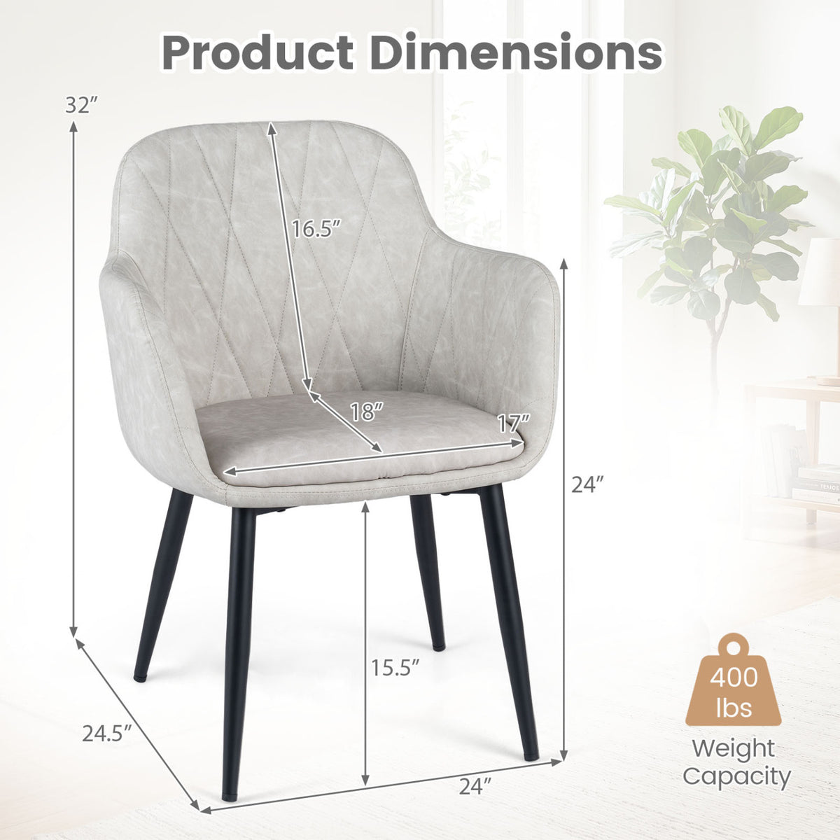 Upholstered PU Leather Kitchen Chairs Set of 2 with Curved Back and Wide Seat-White view 4