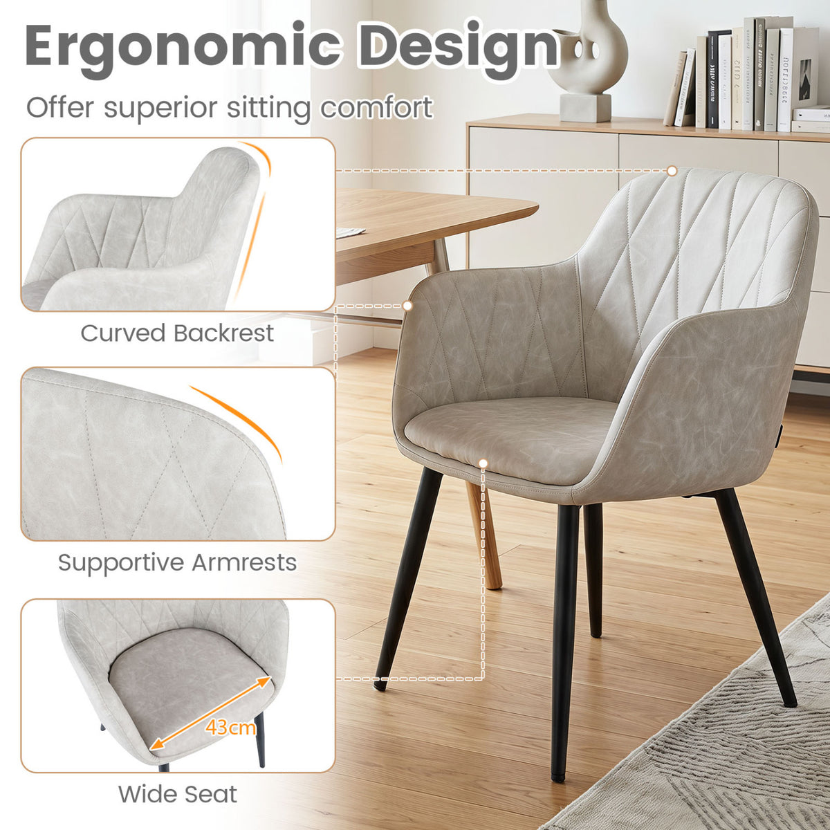 Upholstered PU Leather Kitchen Chairs Set of 2 with Curved Back and Wide Seat-White view 9