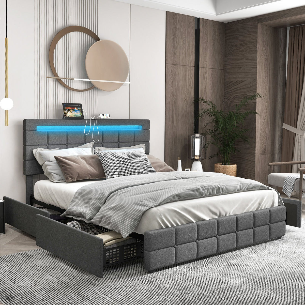 Upholstered Queen LED Bed Frame with Headboard and 4 Drawers-Queen Size view 2