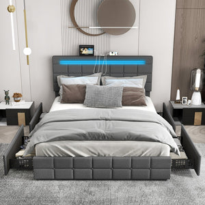 Upholstered Queen LED Bed Frame with Headboard and 4 Drawers-Queen Size view 3