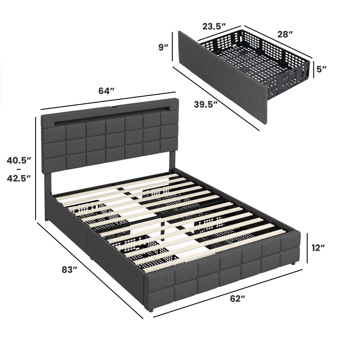 Upholstered Queen LED Bed Frame with Headboard and 4 Drawers-Queen Size view 5