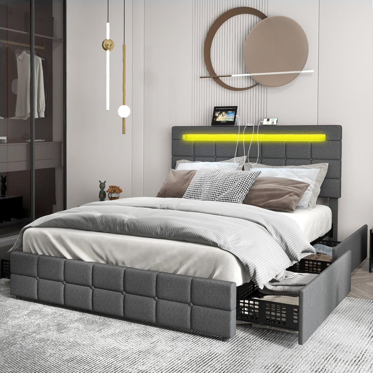 Upholstered Queen LED Bed Frame with Headboard and 4 Drawers-Queen Size view 6