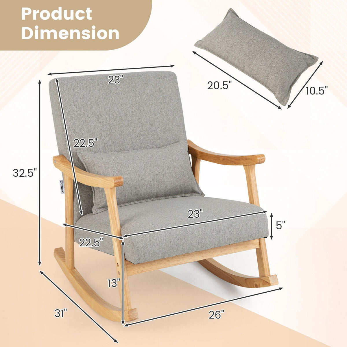 Upholstered Rocking Chair with Pillow and Rubber Wood Frame-Gray view 4