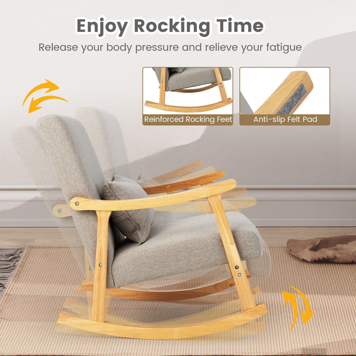Upholstered Rocking Chair with Pillow and Rubber Wood Frame-Gray view 5