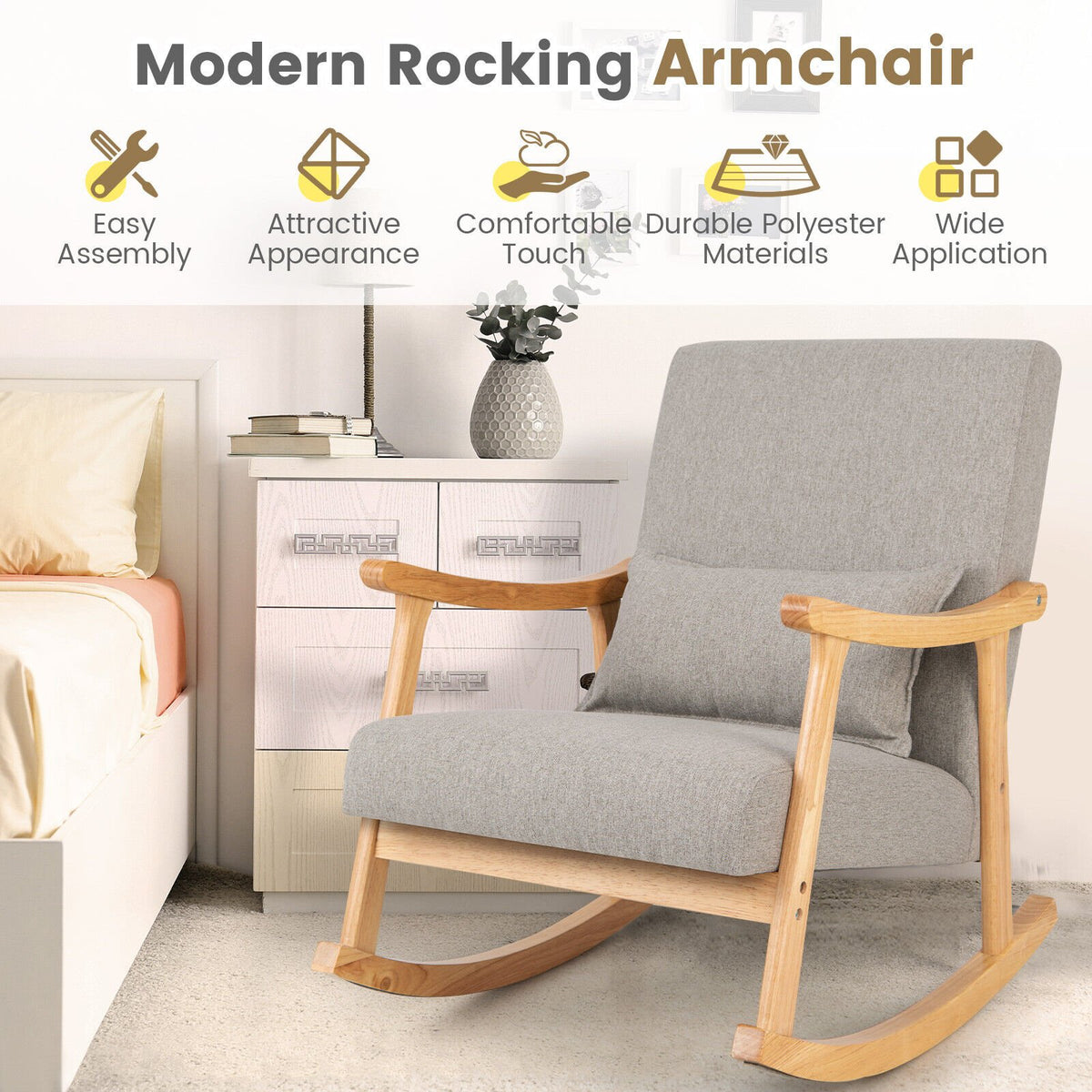 Upholstered Rocking Chair with Pillow and Rubber Wood Frame-Gray view 6