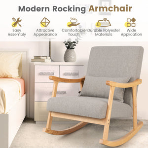 Upholstered Rocking Chair with Pillow and Rubber Wood Frame-Gray view 6
