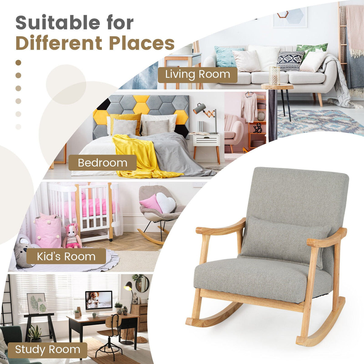 Upholstered Rocking Chair with Pillow and Rubber Wood Frame-Gray view 8