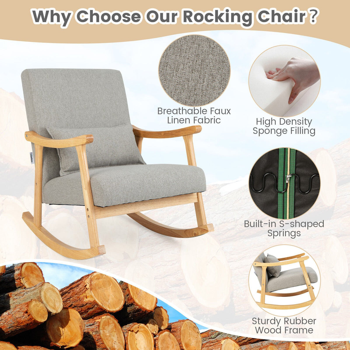Upholstered Rocking Chair with Pillow and Rubber Wood Frame-Gray view 9