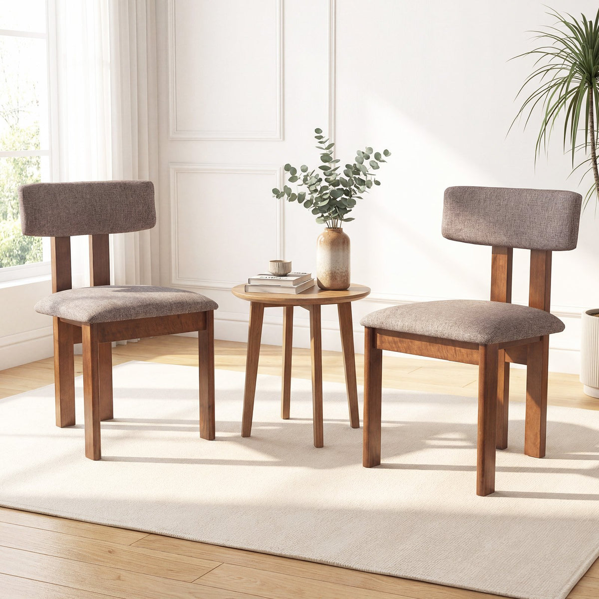 Upholstered Rubber Wood Dining Chairs Set of 2 with Curved Backrest-Walnut view 2