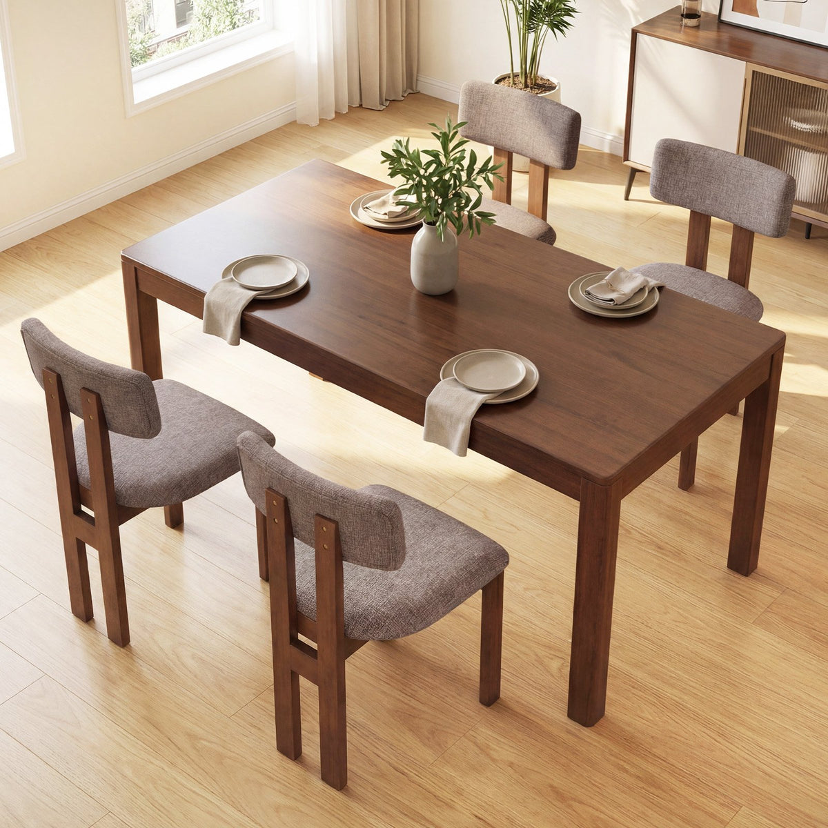 Upholstered Rubber Wood Dining Chairs Set of 4 with Curved Backrest-Walnut view 3