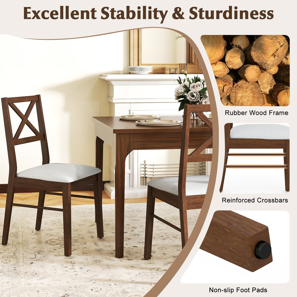 Upholstered Side Dining Chairs Set of 2 with Rubber Wood Frame-Brown view 6