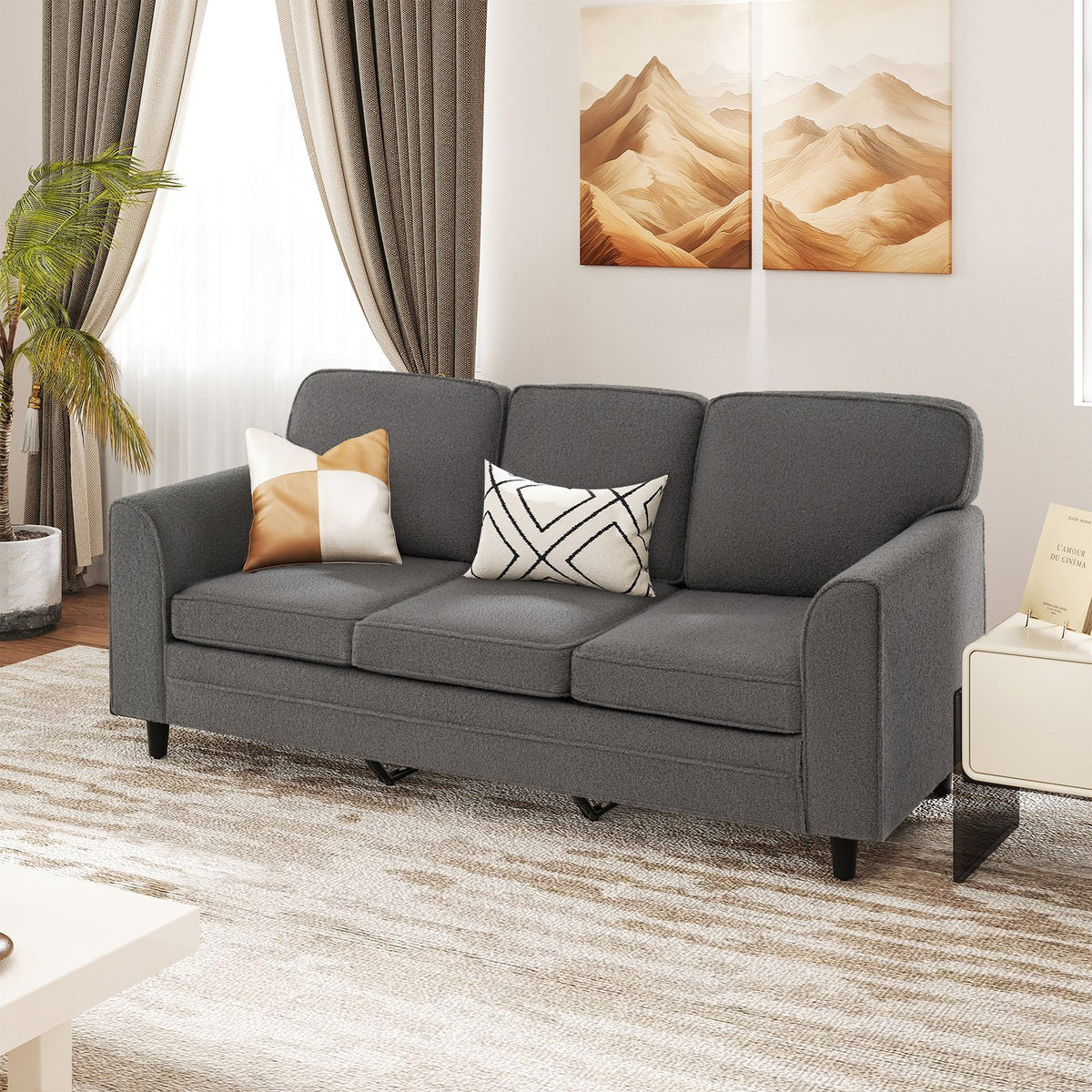 Upholstered Teddy Velvet 3-Seat Sofa with Comfy Back Pillows-Gray view 2