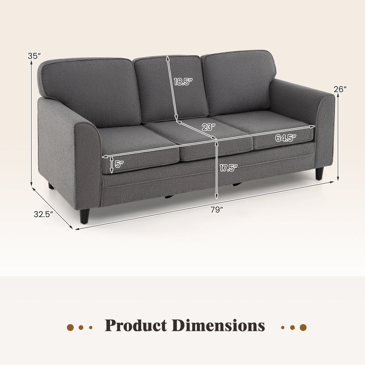 Upholstered Teddy Velvet 3-Seat Sofa with Comfy Back Pillows-Gray view 4