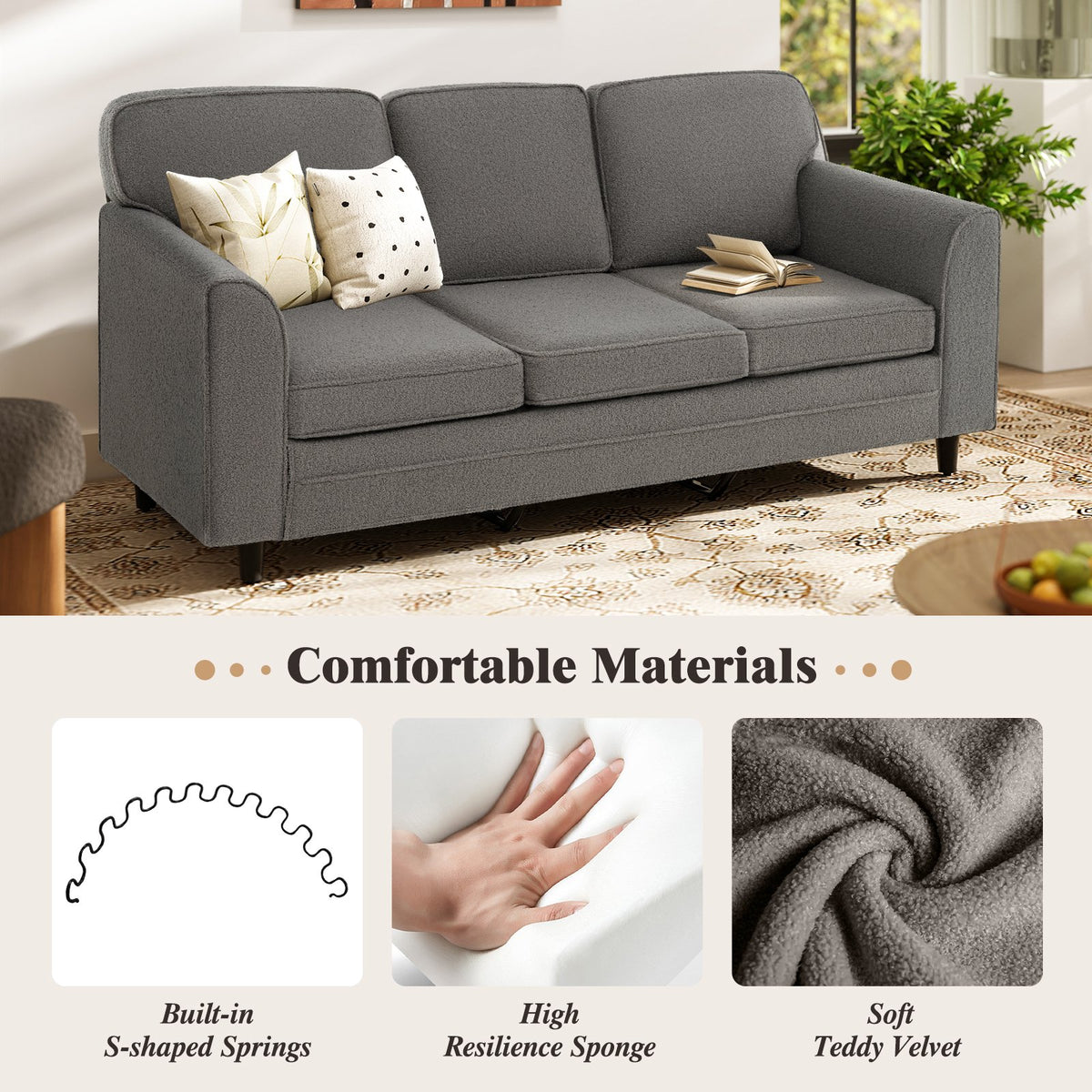 Upholstered Teddy Velvet 3-Seat Sofa with Comfy Back Pillows-Gray view 6