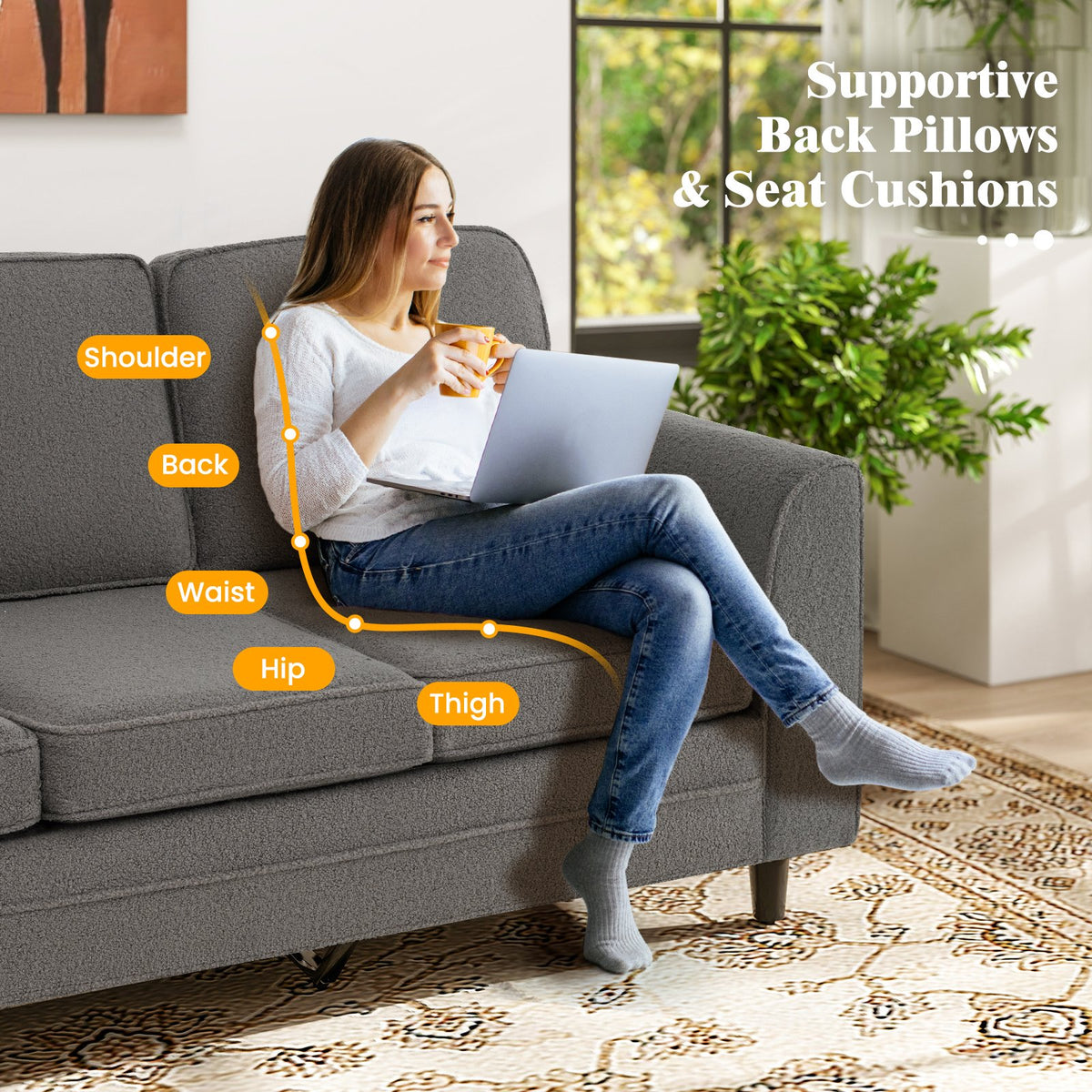 Upholstered Teddy Velvet 3-Seat Sofa with Comfy Back Pillows-Gray view 7