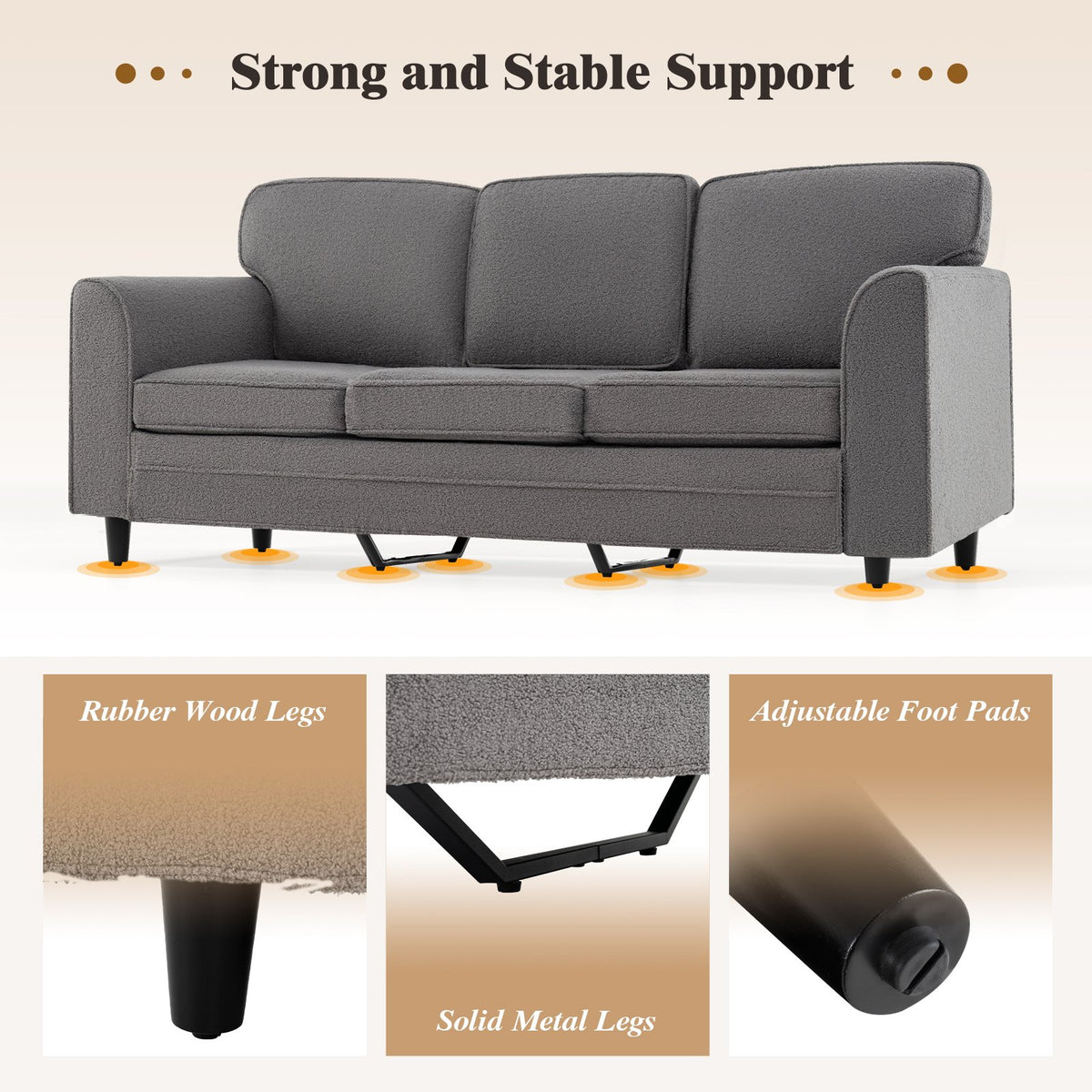 Upholstered Teddy Velvet 3-Seat Sofa with Comfy Back Pillows-Gray view 8