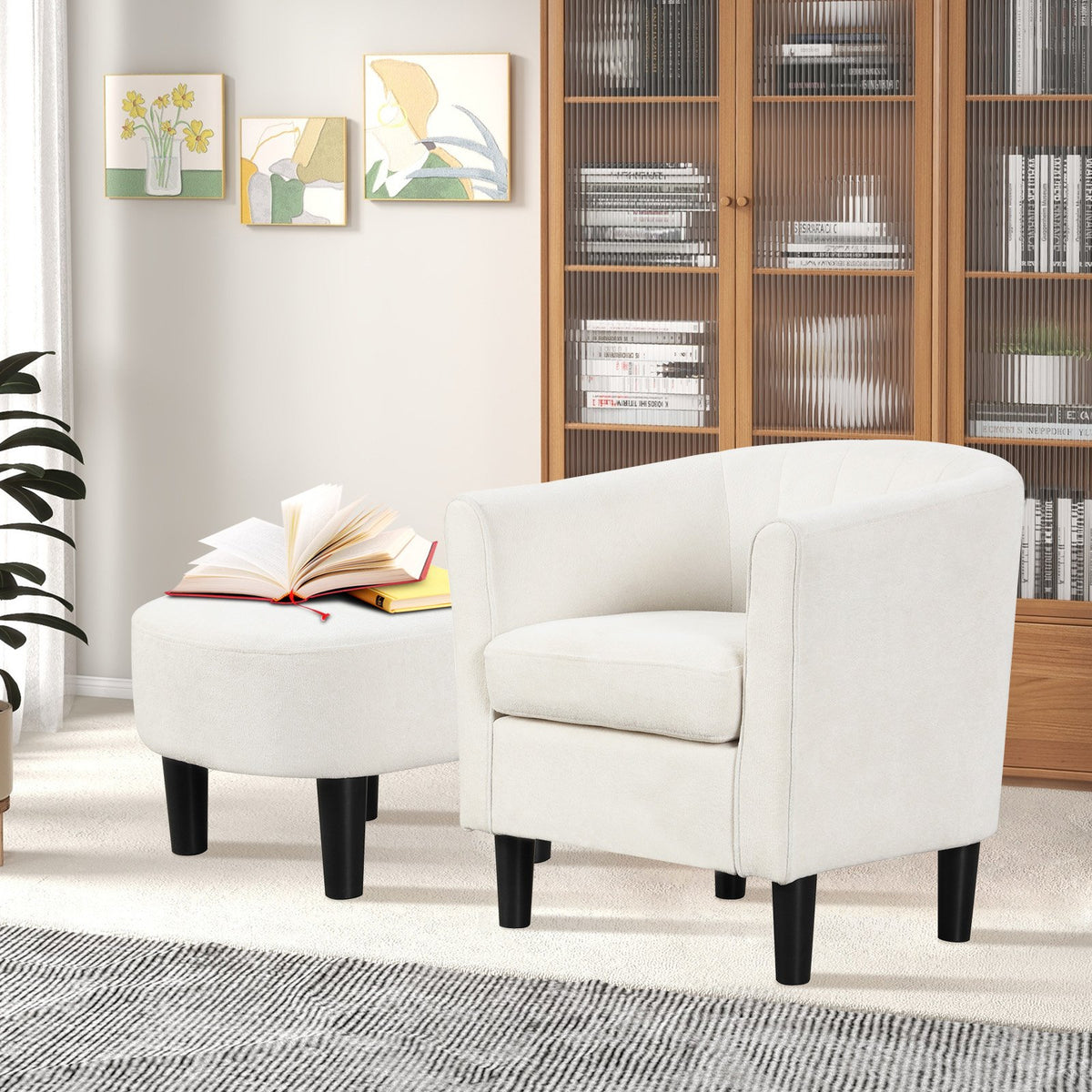 Upholstered Teddy Velvet Club Barrel Chair with Ottoman with Footrest-Beige view 3