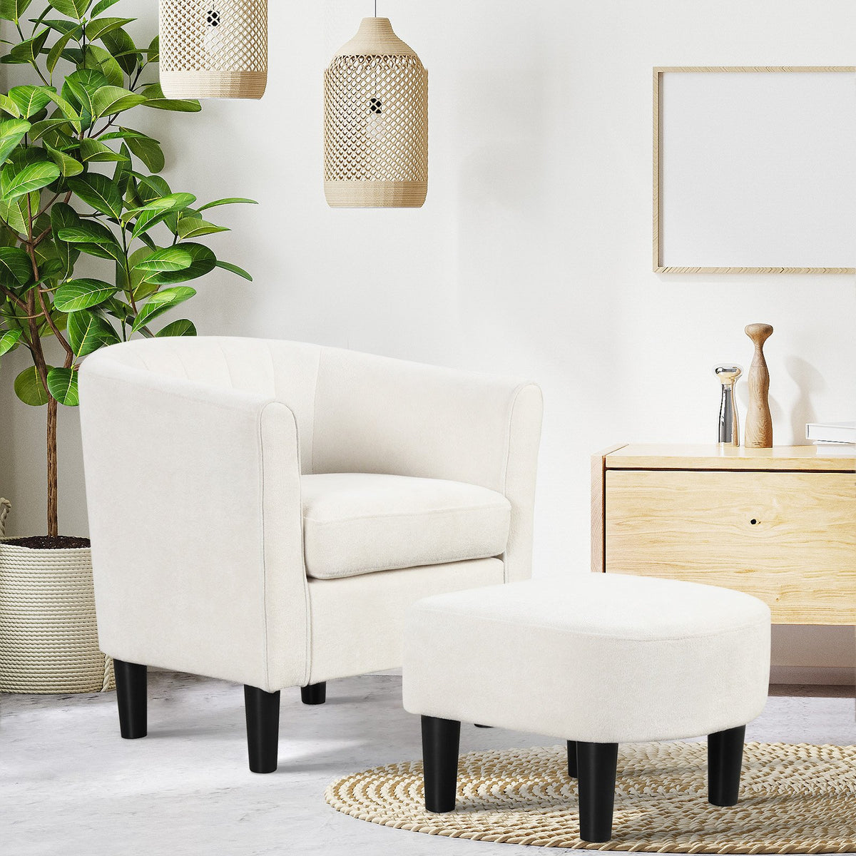 Upholstered Teddy Velvet Club Barrel Chair with Ottoman with Footrest-Beige view 5
