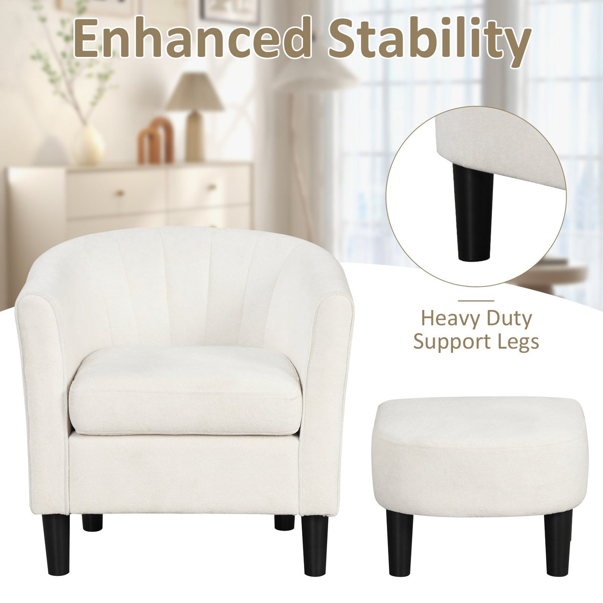 Upholstered Teddy Velvet Club Barrel Chair with Ottoman with Footrest-Beige view 9