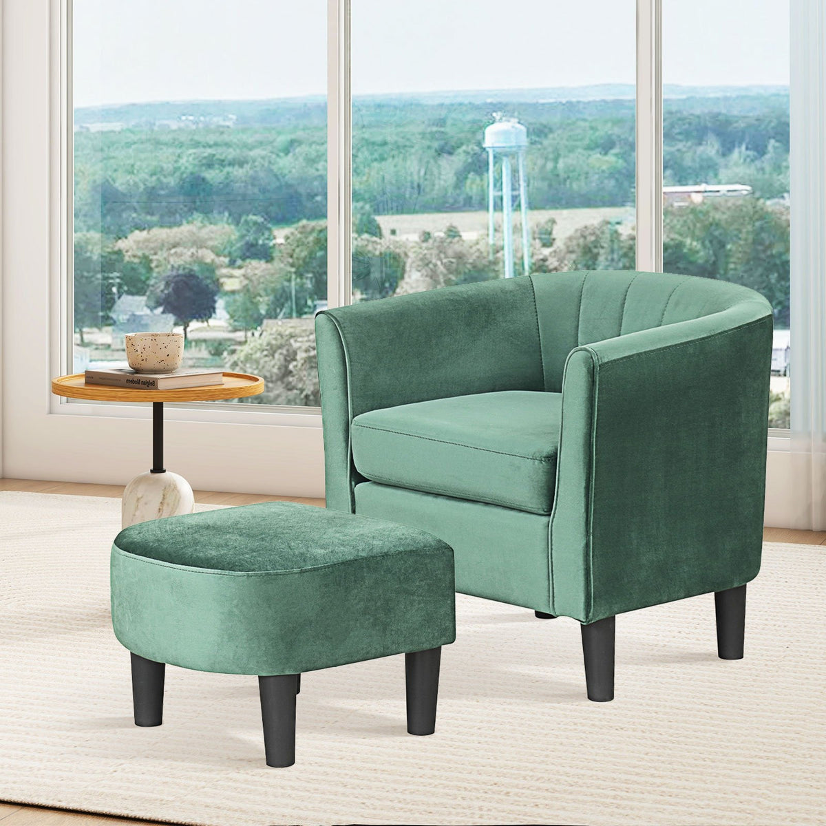 Upholstered Teddy Velvet Club Barrel Chair with Ottoman with Footrest-Green view 3