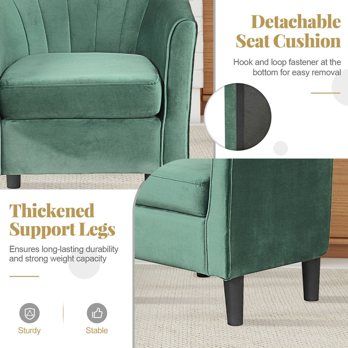 Upholstered Teddy Velvet Club Barrel Chair with Ottoman with Footrest-Green view 5
