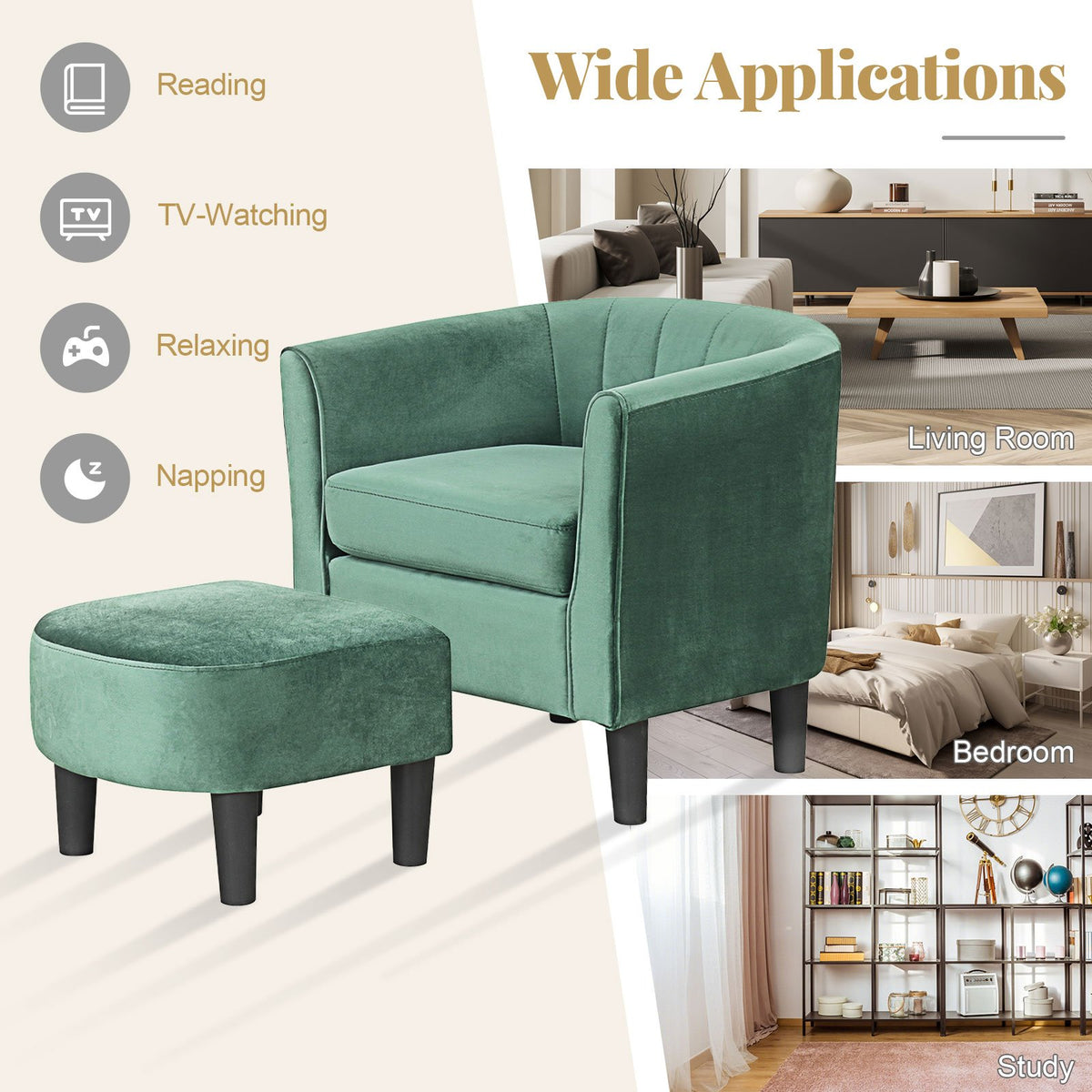 Upholstered Teddy Velvet Club Barrel Chair with Ottoman with Footrest-Green view 9