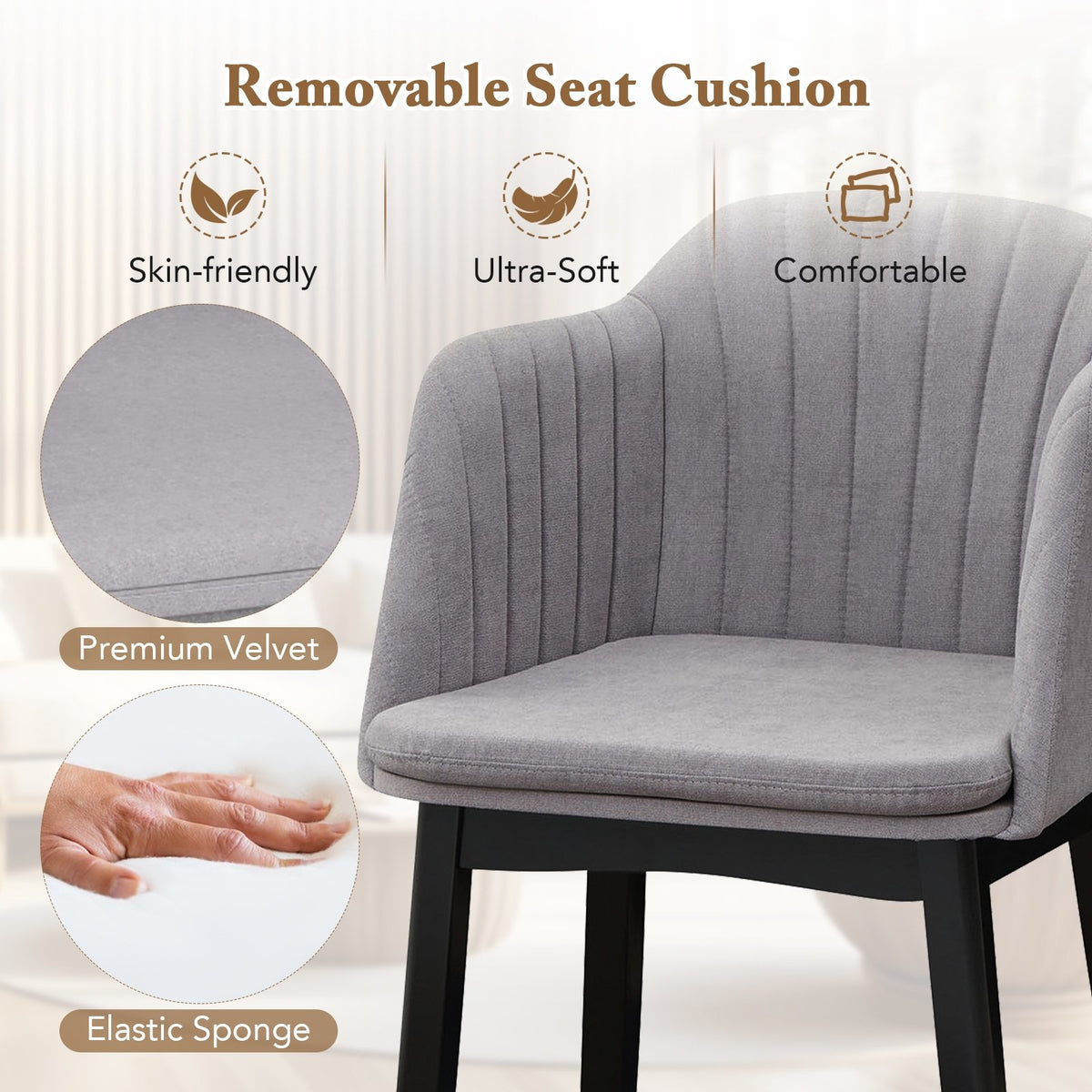 Upholstered Velvet Accent Modern Dining Chairs Set of 2 with Curved Backrests-Grey view 7