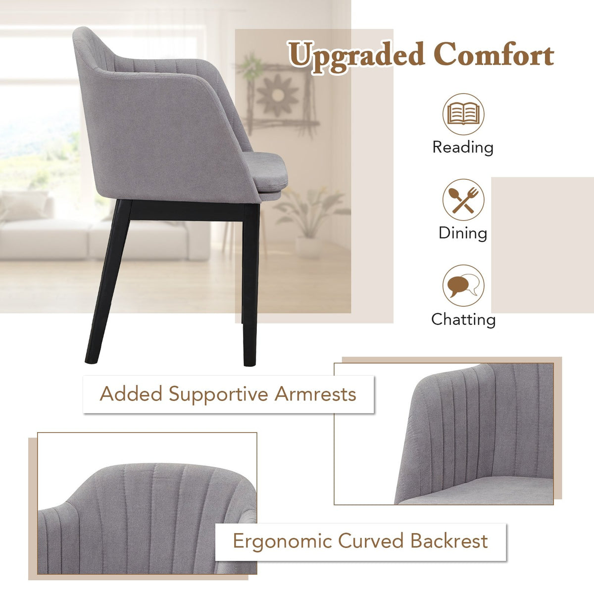 Upholstered Velvet Accent Modern Dining Chairs Set of 2 with Curved Backrests-Grey view 9