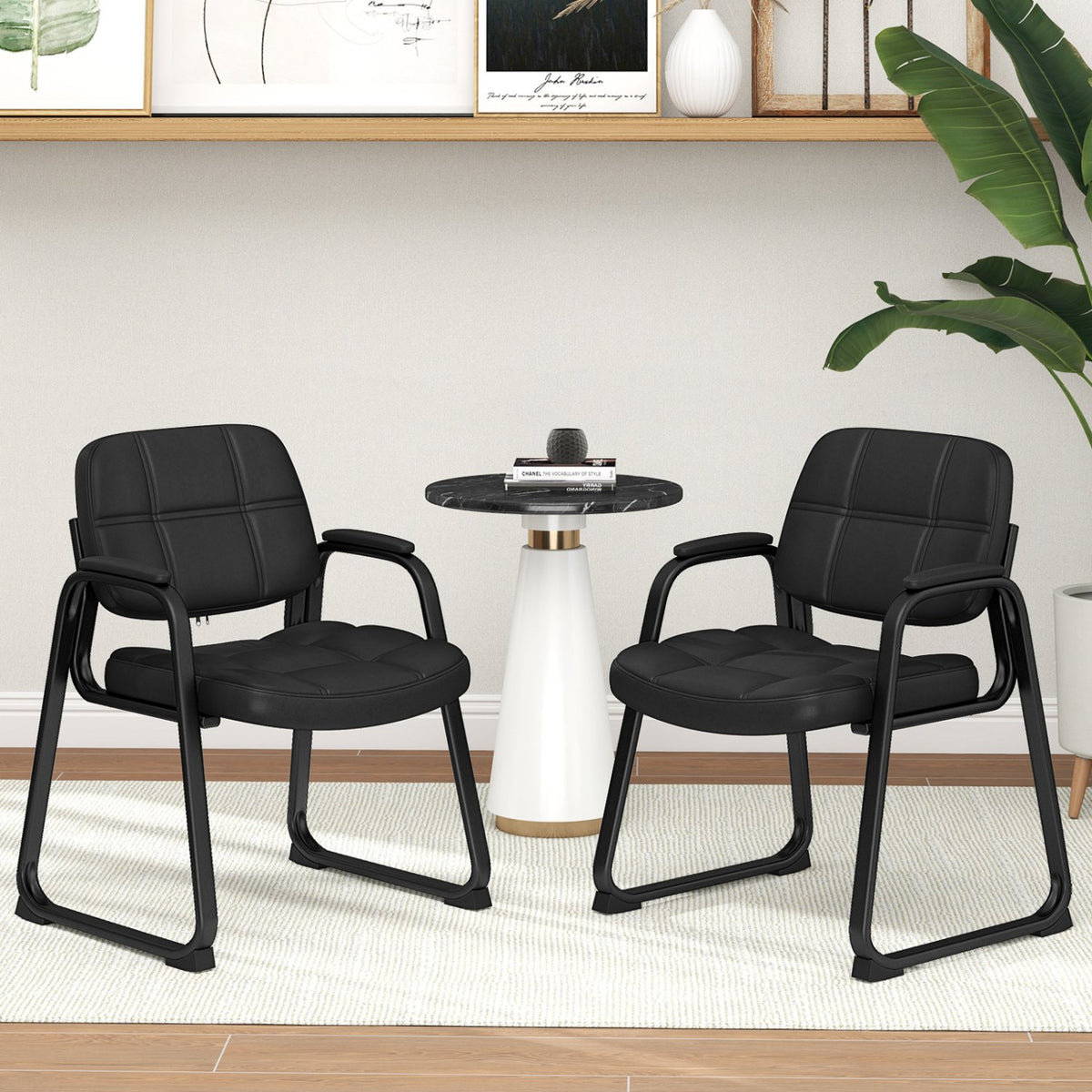 Set of 2 Waiting Room Chair Home Office PU Leather Guest Chairs-Black view 2