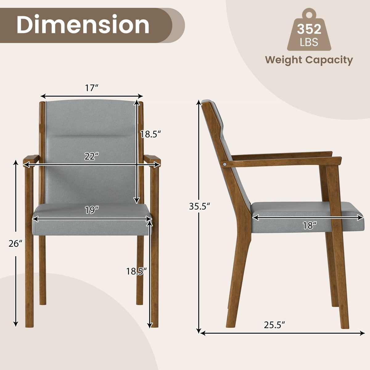 Upholstered Wooden Accent Chairs Set of 2 with High Back and Soft Cushion-Gray view 4