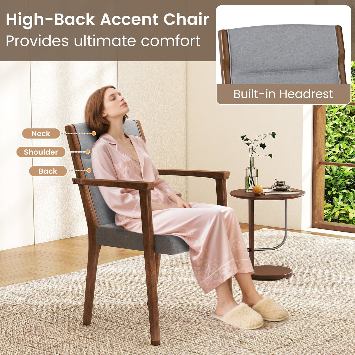 Upholstered Wooden Accent Chairs Set of 2 with High Back and Soft Cushion-Gray view 7