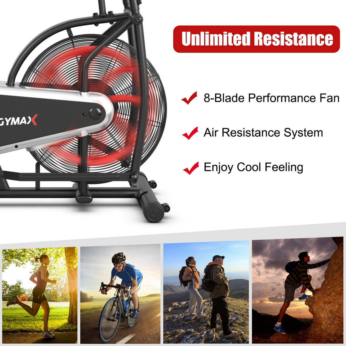 Upright Air Bike Fan Exercise Bike with Display Unlimite Resistance and Adjustable Seat-Black view 3