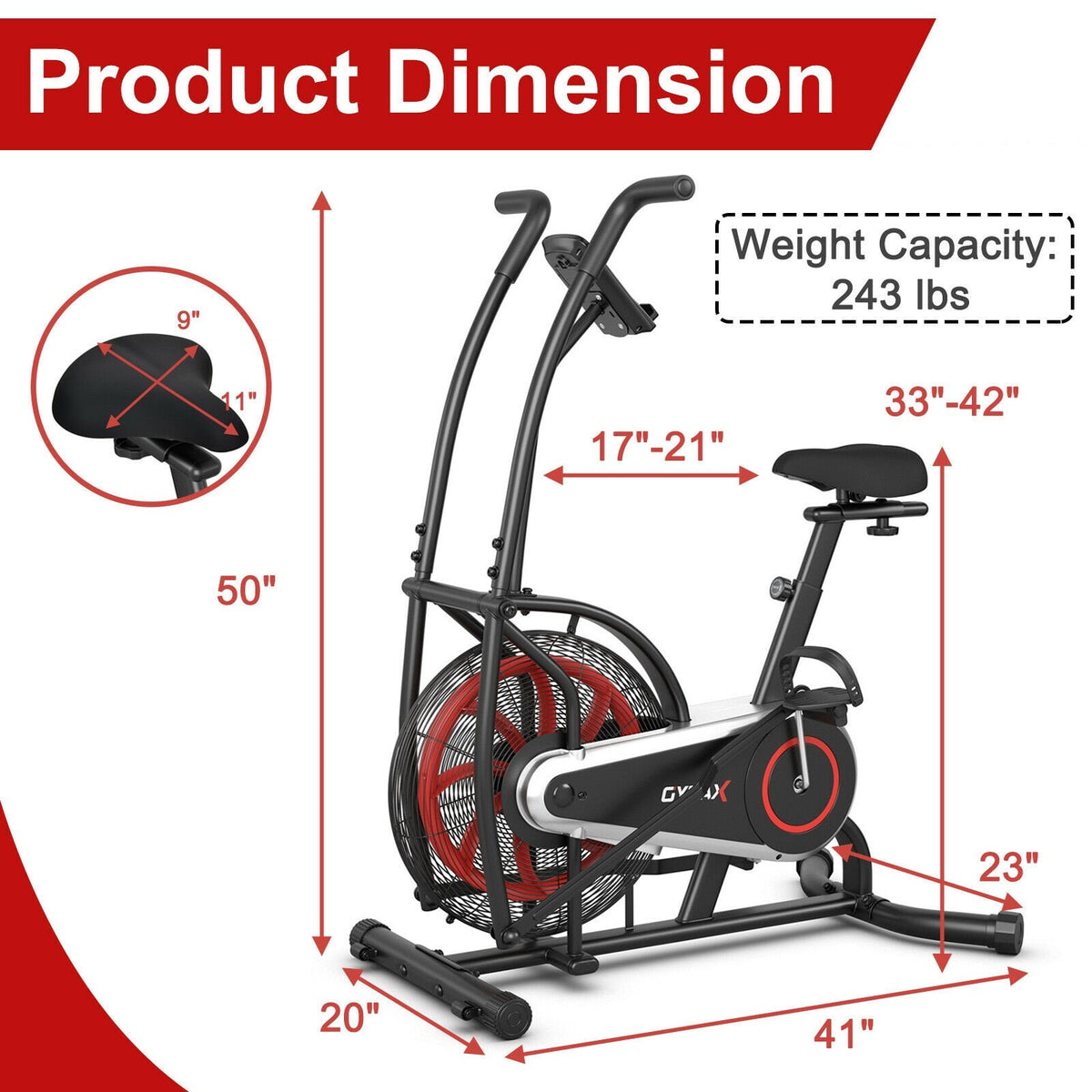 Upright Air Bike Fan Exercise Bike with Display Unlimite Resistance and Adjustable Seat-Black view 4