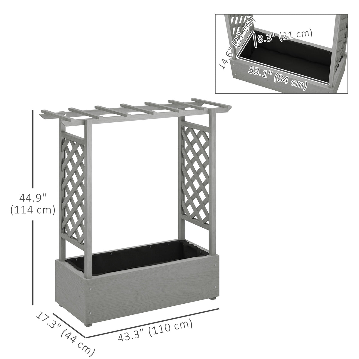 Wooden Raised Garden Bed with Trellis, Outdoor Planter Box with Hanging Roof, Drainage Holes and Bed Liner