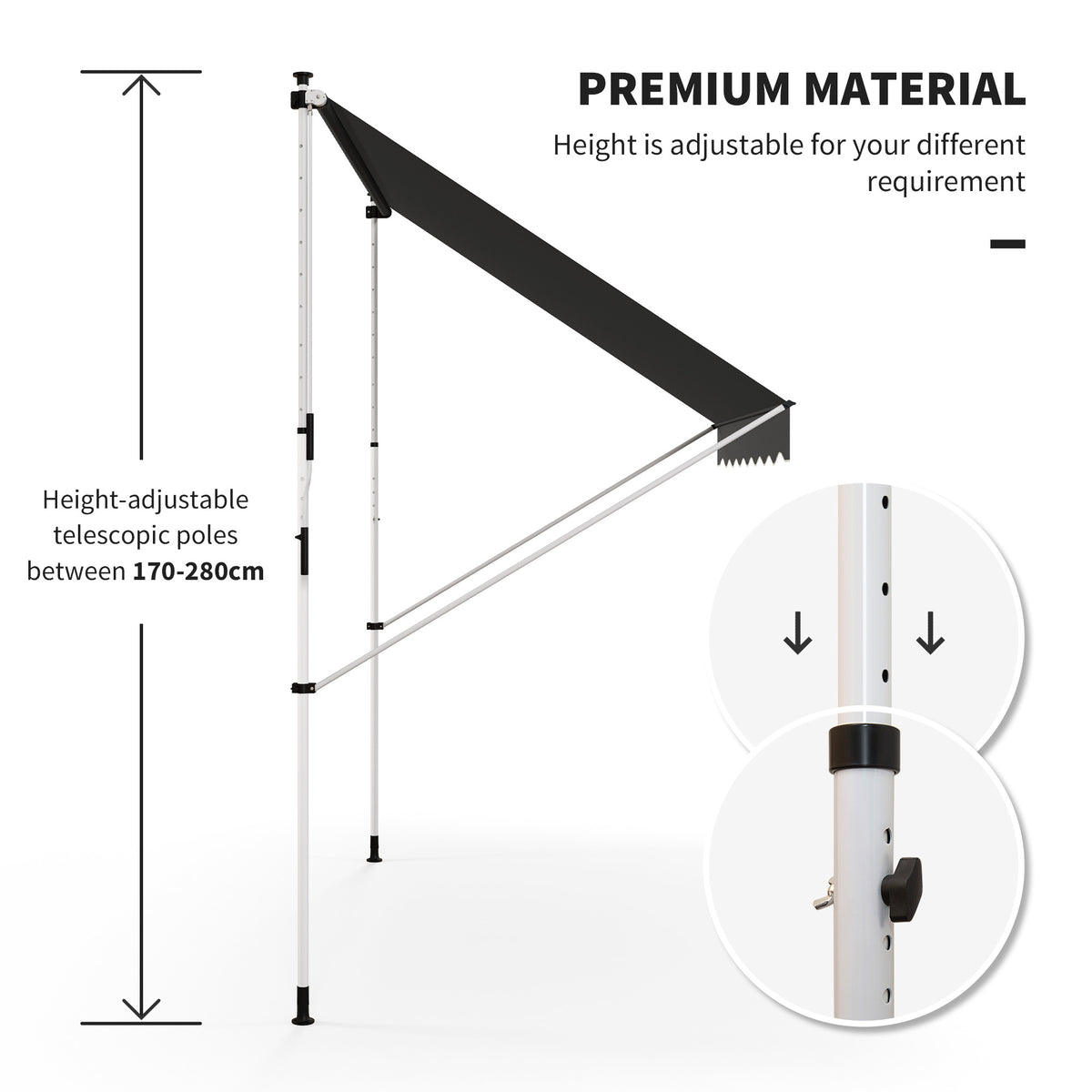 10x5ft Manual Retractable Awning, Patio Sun Shade Canopy Shelter with 5.6-9.2ft Support Pole, Water Resistant UV Protector, for Window, Door, Porch, Deck, Grey
