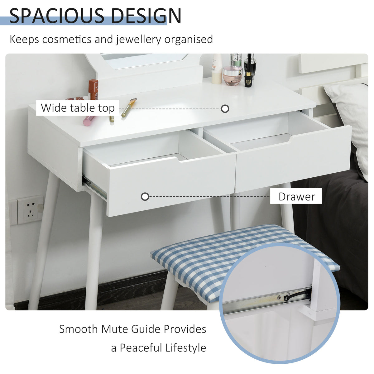 Makeup Vanity Desk with Round Mirror and 2 Drawers, Dressing Table with Cushioned Stool Set for Bedroom (White)