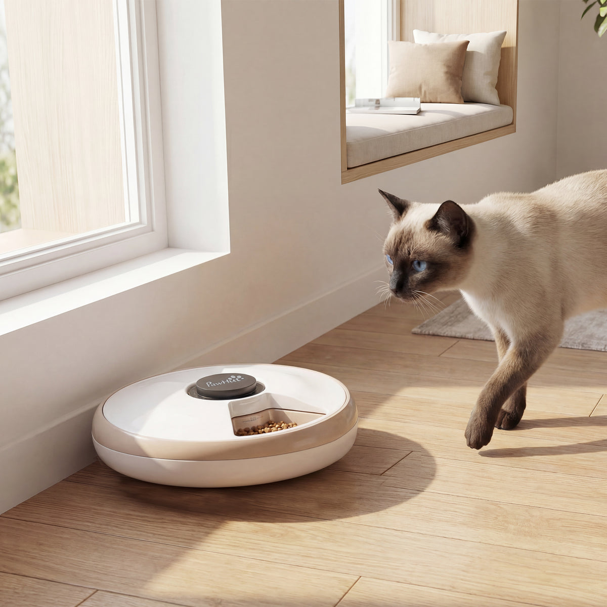 Automatic Cat Feeder for Dry Wet Food Timed Cat Dog Food Dispenser with 6 Trays 1 Ice Pack Battery Powered Light Brown