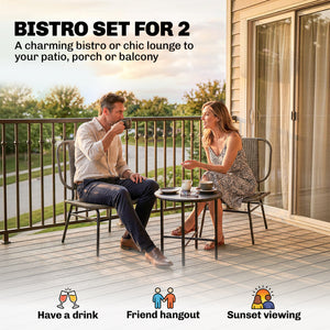 3 Piece Wicker Patio Furniture Set, Outdoor Bistro Set with Steel Table, Rattan Outdoor Conversation Furniture, Grey