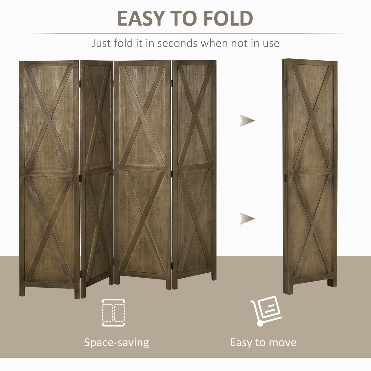 4-panel Wall Partition Farmhouse Room Separator with Foldable Design Wooden Frame 5.6FT, Walnut – view 10